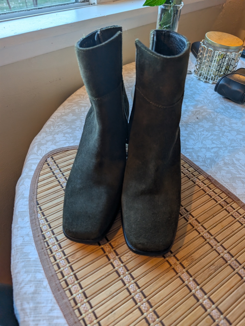 Suede Square-Toe Ankle Booties in Dark Olive